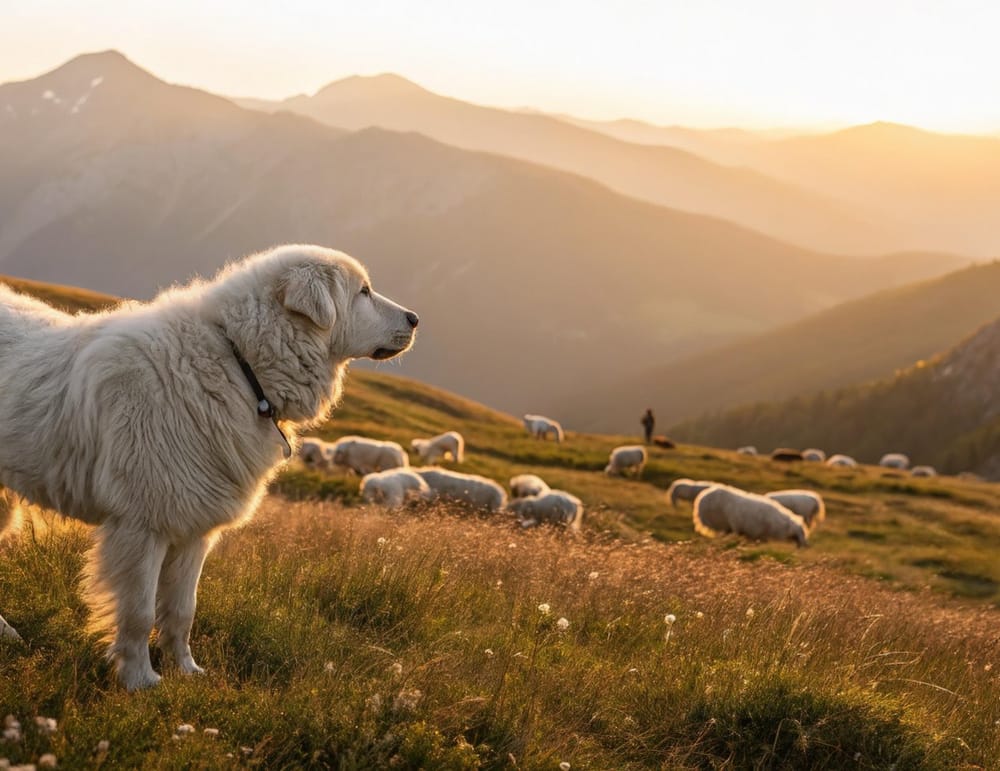 Weisser grosser Herdenschutzhund schaut auf seine Gruppe von Schafen, Sonnenuntergang im Hintergrund Bergpanorama