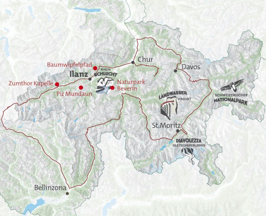 Graubünden Karte mit Routenführung der gesamten Ruta cumpleta